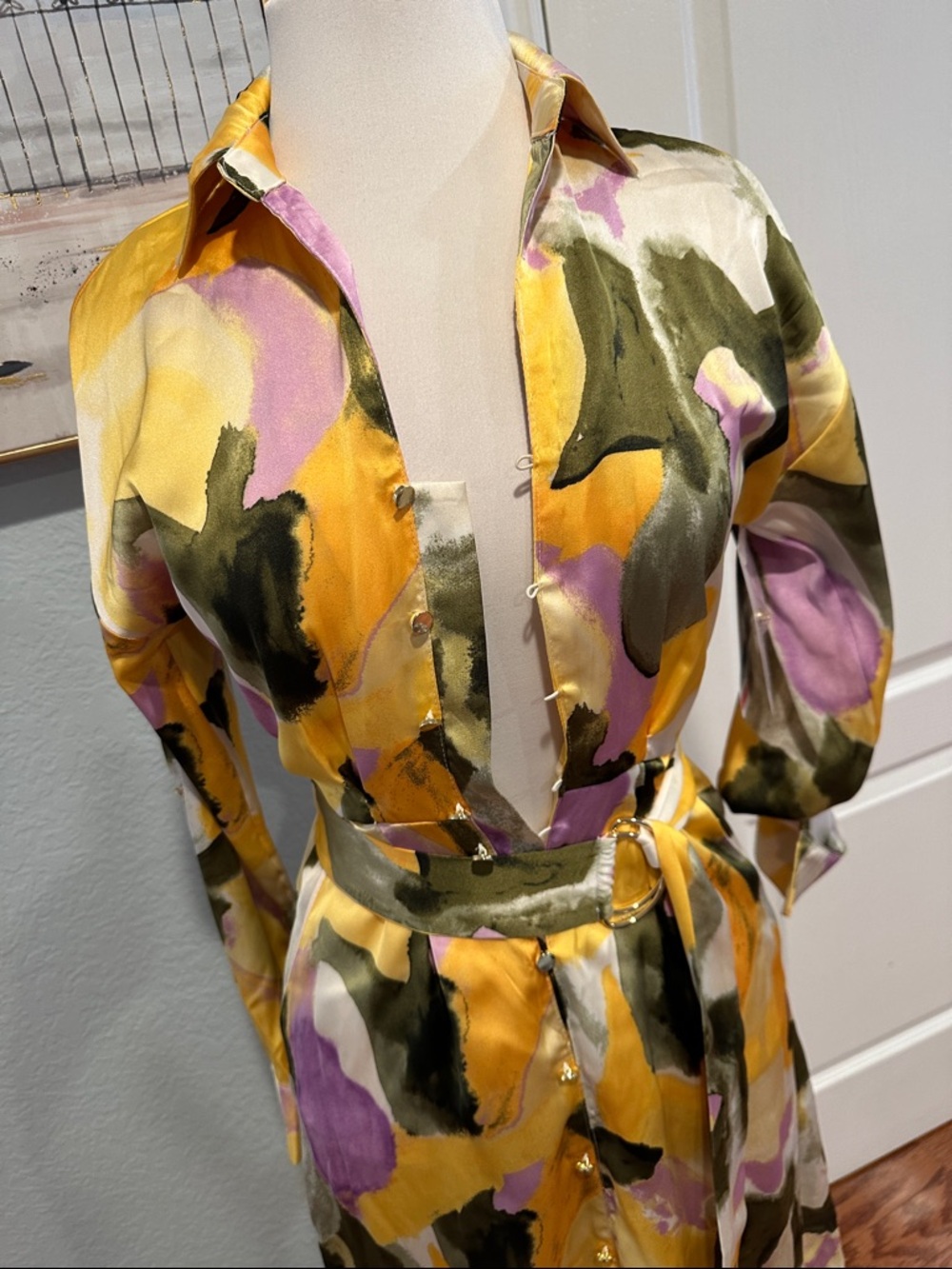 French Connection Sz XS Yellow, Olive & Lilac Abstract Button-Front Dress • NWT! - Picture 2 of 12